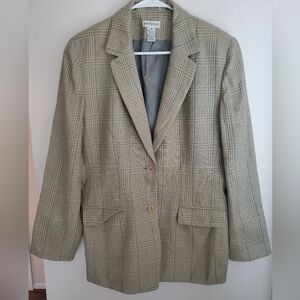 VTG ANN TAYLOR Tan Plaid Linen Silk Wool Blend Two Button Blazer Women's Size 14